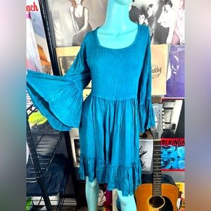 💙 NWT CHANCES R RAYON BOHO HIPPIE STYLE BELL SLEEVE DRESS XL TEAL TURQUOSE